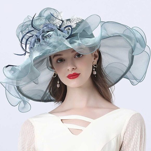 5797 Women Flower Feather Fascinator Kentucky Organza Derby Wide Brim Sun main image 4